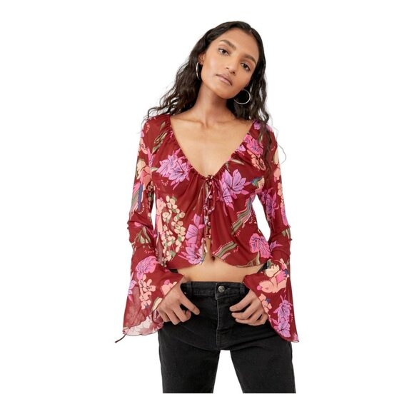 Free People Red Floral Piece Of Paradise Blouse Bell Sleeve Tie Front Crop Top S - Picture 15 of 16